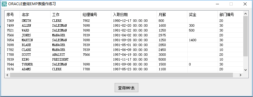 连接ORACLE数据库查询EMP表数据源码